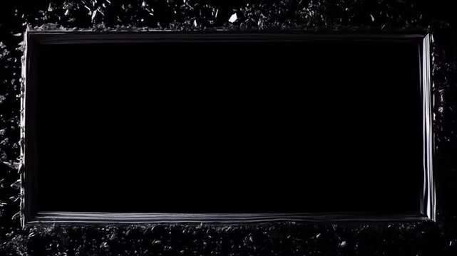 Panning shot of rectangular black glossy frames sliding across dark textured studio background revealing reflective polished borders and minimal interior design composition