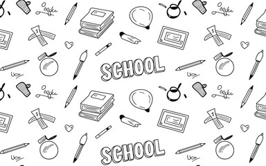 Naklejka premium Seamless pattern of hand drawn school supplies including books, pencils, and school text on a white background, black and white doodle style