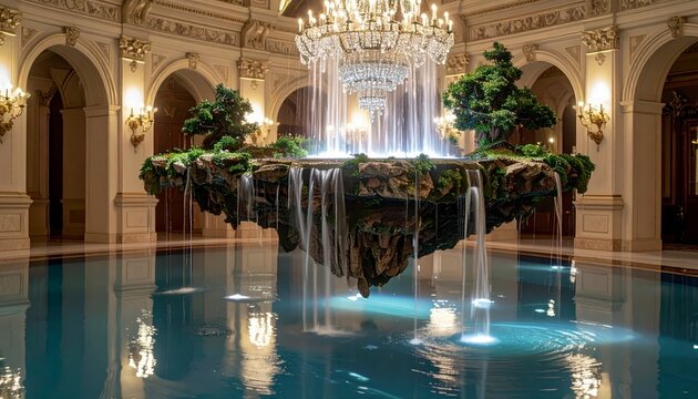 A fantasy gravity defying floating island chandelier with miniature waterfalls hovering over an indoor pool. This magical, surreal installation creates an enchanting visual in a classic hall.