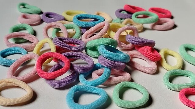Assorted colorful hair bands isolated on a white background in closeup. Simple and practical hair accessories featuring vibrant colors, suitable for beauty, lifestyle, personal care, and fashion indus