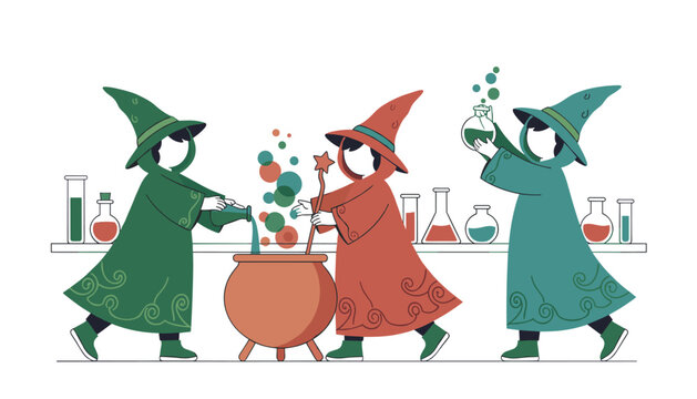 Three young wizards in robes brew a magic potion in a large cauldron with various laboratory glassware on a shelf behind them for a fantasy science illustration.