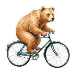 Obraz premium Happy Brown Bear Riding a Bicycle with a Calm Expression Watercolor Illustration White Background