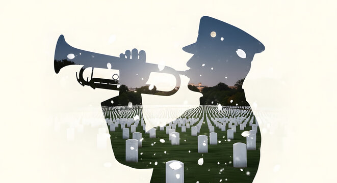 Silhouette of a military bugler playing a solemn tribute over rows of white gravestones at a peaceful national cemetery memorial