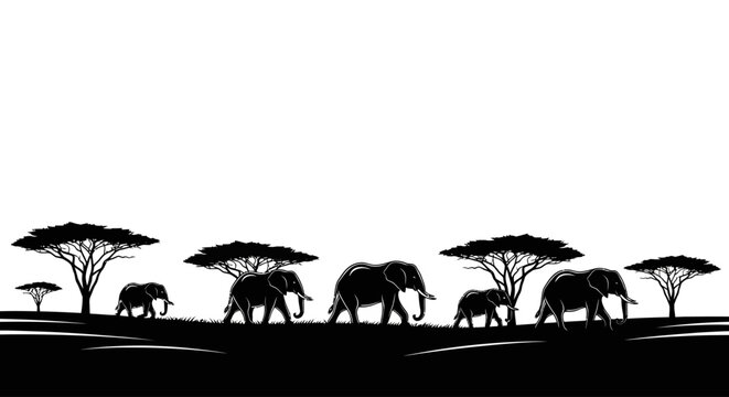Silhouettes of African wildlife including elephants and acacia trees at sunset.
