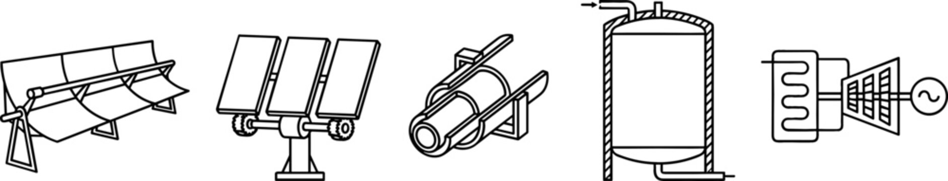 Concentrated Solar Power Plant Infrastructure Outline Vector Icon Set Featuring Parabolic Trough Heliostat Mirror Thermal Storage Tank and Steam Turbine Generator