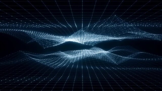 Dynamic digital waveforms in a futuristic grid space with pulsating energy patterns