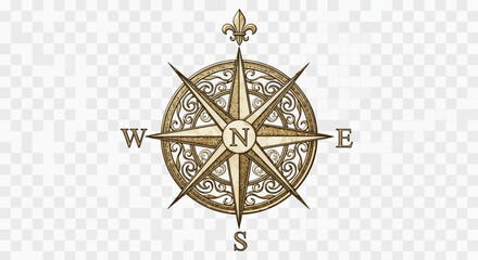 Antique Compass Rose Nautical Navigation Tool on Transparent Background © wulan