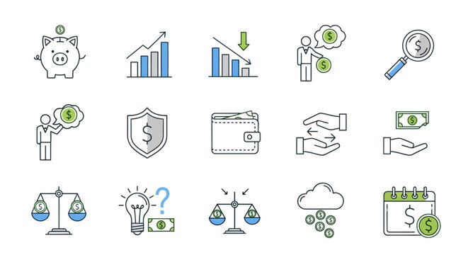 Finance and Money Icons Set: Saving, Growth, Loss, Investment, Wallet, Exchange