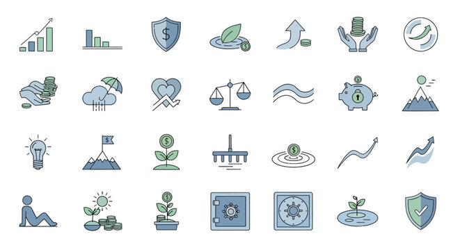 Financial Growth Icons: Investment, Savings, Security, and Success Concepts