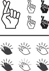 Fototapeta premium Hand gesture vector icons featuring fingers crossed for luck and finger snapping for ideas in outline and solid styles