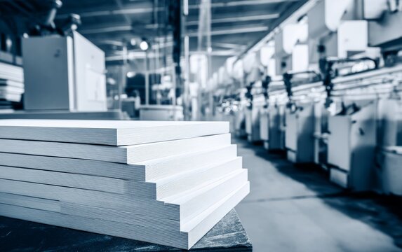 Industrial paper production facility with stacked sheet in manufacturing factory