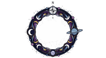 Cosmic Celestial Circle Frame with Planets, Moons, Stars and Compass © sarmadi