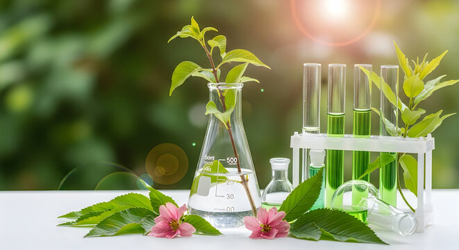 Botanical research erlenmeyer flasks test tubes and fresh green plant life