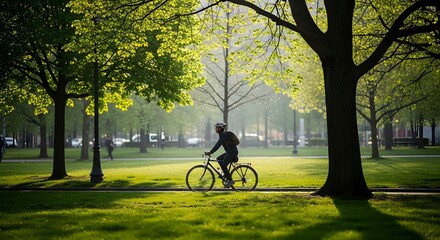 Fototapeta premium Cyclist rides through green urban park on a beautiful day for nature conservation in the world