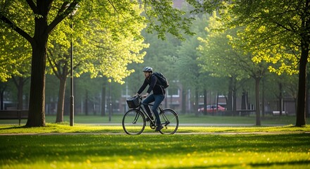 Fototapeta premium Man cycling through World green park on a bright Conservation Day in Nature