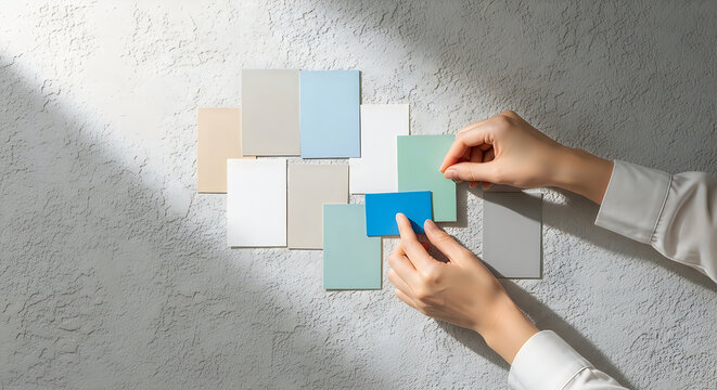 Color palette selection for interior design with hands holding swatches