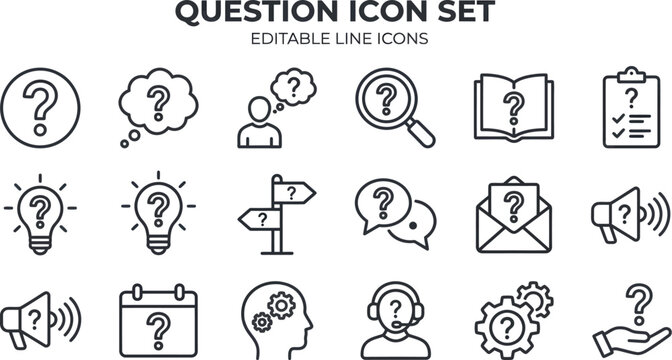 Editable Line Icons Set Featuring Various Question Marks and Symbols for Queries and Problem-Solving