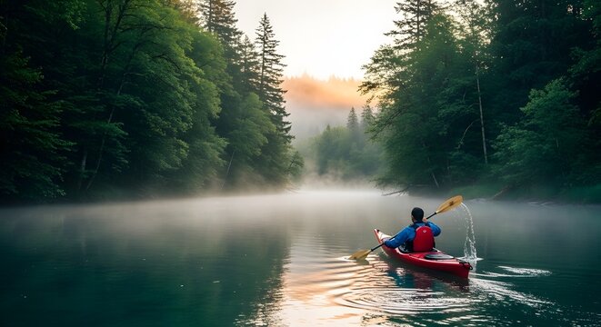Kayaker paddles through misty river on Conservation Day surrounded by World Nature
