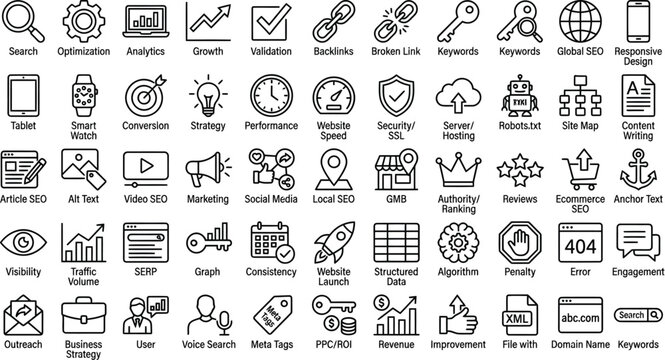 SEO Icons and Terms for Online Marketing and Optimization Strategies
