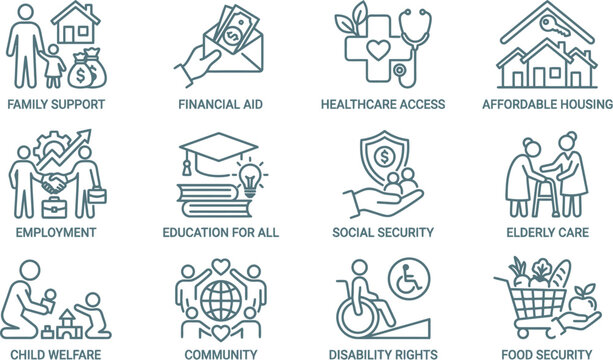 Social Services Icons for Family Support, Financial Aid, and Community Development