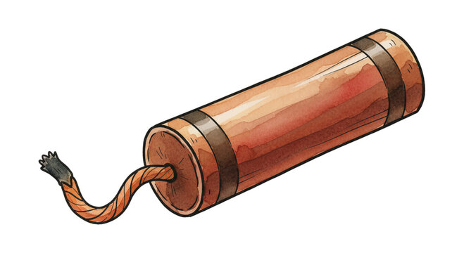 Watercolor illustration of a single dynamite stick with a fuse on a white background dangerous object