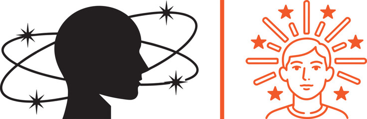 Dizziness and enlightenment vector icons featuring human head silhouettes with orbiting stars and radiating light rays for mental health concepts © Muhammad