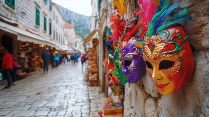Fototapeta premium colorful venetian masks on stone wall in old town
