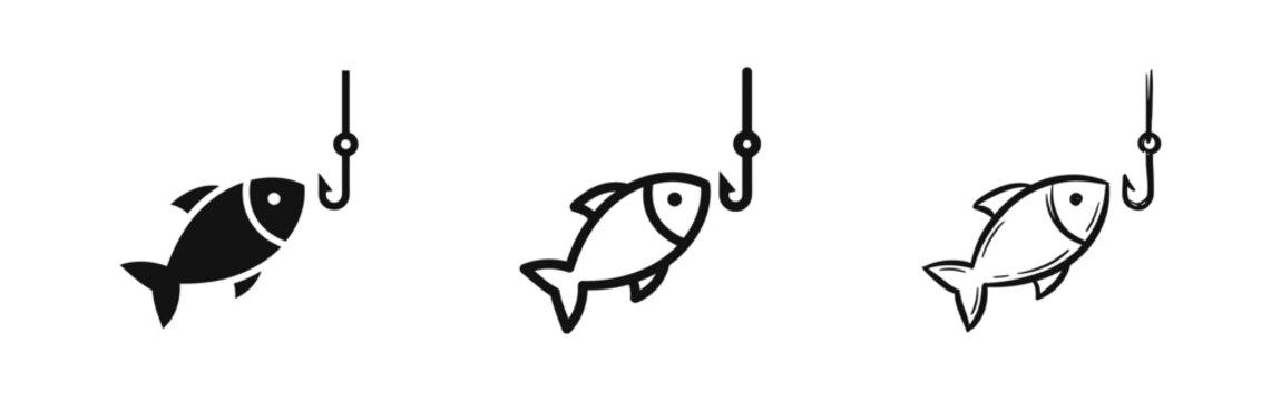 Fishing icon set with fish and hook on a line in solid, outline, and hand-drawn styles