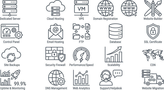 Comprehensive Web Hosting Services and Solutions Icons