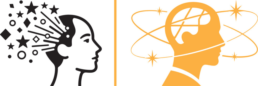 Human head silhouettes with exploding stars and orbital rings vector illustration for mental health and creativity concepts