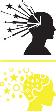 Human head silhouette vector with exploding stars and geometric shapes for creativity and brainstorming concepts