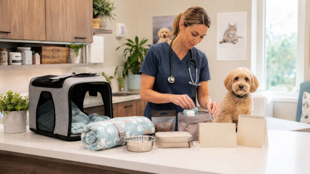 Veterinarian organizes pet supplies in a bright clinic with a dog nearby. Pet care and veterinary services.