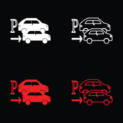 Obraz premium Parking Icon Set Featuring Cars and Parking Signboards in Solid and Outline Style, Multiple Color Variations on Black Background for Navigation, App UI, Map, and Transportation Design