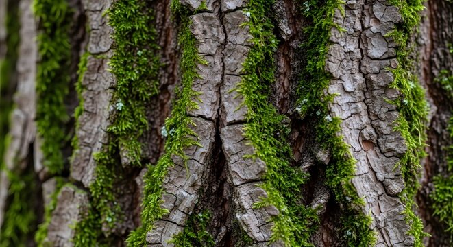 Close-up of tree bark with moss on Nature's surface on a sunny Day in the World