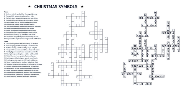 Christmas symbols crossword puzzles in black and white design  