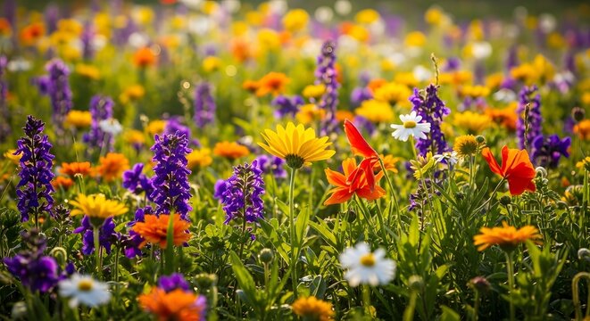 Vibrant wildflowers bloom in a sunny meadow on a beautiful day for nature conservation in the world.