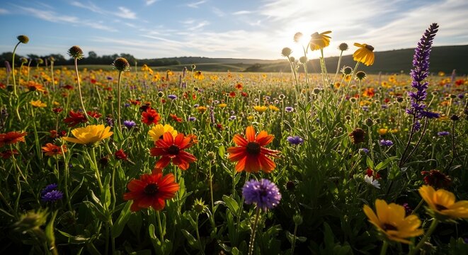 Vibrant wildflowers bloom in a serene Nature reserve on a sunny World Conservation Day