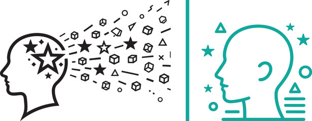 Human head profile icons with geometric shapes and stars vector for creativity brainstorming and mental health © Muhammad