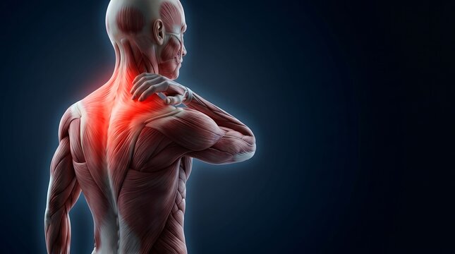 Anatomical model of a man showing shoulder and upper back pain with red highlights on a dark background.