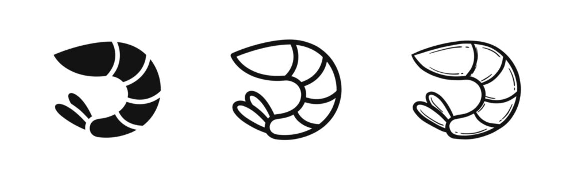 Shrimp Icon Set - Seafood Symbols in Solid, Outline, and Hand-Drawn Styles