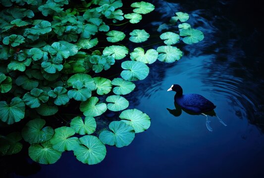 A lone coot swims through lily pads in a dark pond at twilight.