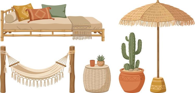 Boho Patio and Outdoor Furniture Vector Set with Bamboo Daybed Fringe Hammock Straw Umbrella Wicker Table and Potted Cactus Plants