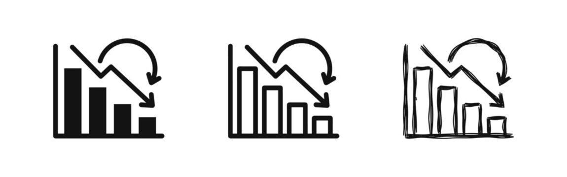 Declining Bar Chart Icon Set, Business Crisis and Loss Symbols in Solid, Outline and Sketch Styles