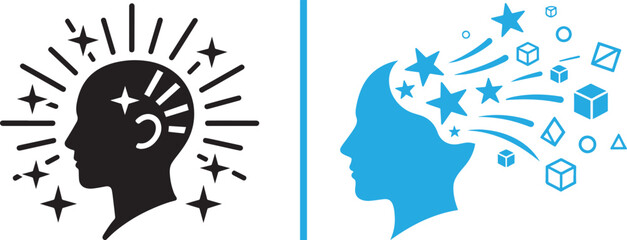 Human head profile icons with stars and geometric shapes for creativity inspiration and mental health vector design © Muhammad