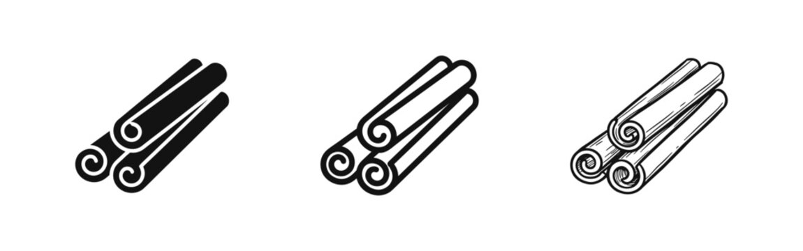 Cinnamon Sticks Icon Set, Aromatic Spice Symbols in Solid, Outline and Hand Drawn Sketch Styles
