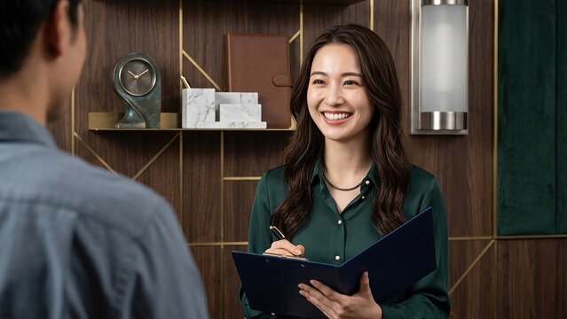 Joyful smiling young Asian woman taking notes during a consultation in a modern office setting
