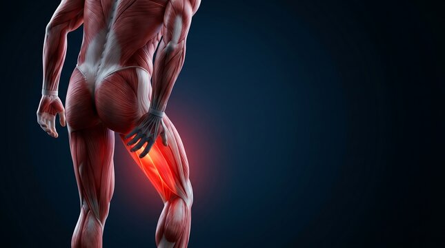 Detailed anatomical illustration of the human muscular system from the back, highlighting pain or injury in the upper thigh and hamstring region, for human muscular system education.