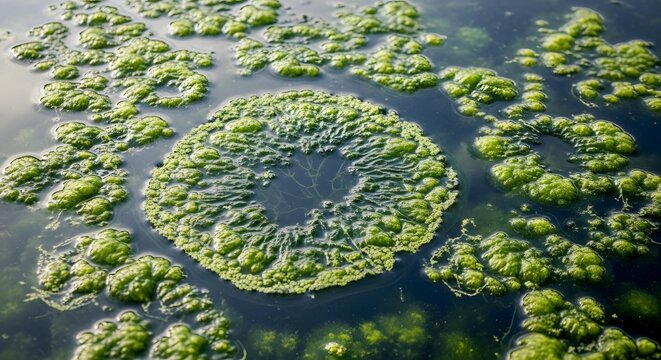 Green algae patterns float on water surface on a World Nature Conservation Day