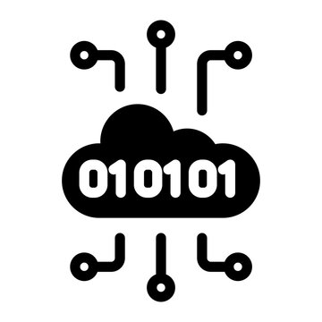 Cloud computing data icon with binary code logic network nodes.