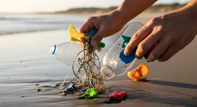 Hands collecting plastic waste on World Conservation Day for a cleaner Nature